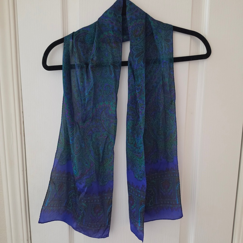 Liz Claiborne Vintage Silk Scarf Blue Green Purple Paisley Rectangular 10x52